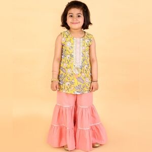 LIL DRAMA Yellow Floral Top and Pink Flared Pants Set